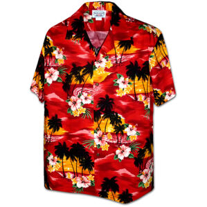 Pacific Legend Červená havajská košile s motivem ibišku a palem Velikost: L
