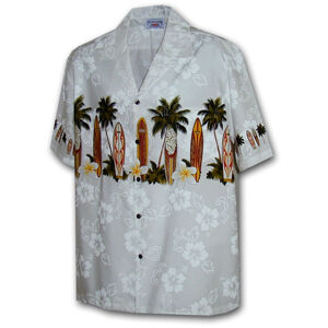 Pacific Legend Bílá havajská košile s motivem palem a surfování Velikost: XL