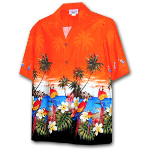 Pacific Legend Oranžová havajská košile s motivem palem a papoušků Velikost: XL