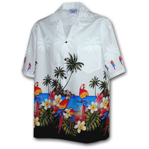 Pacific Legend Bílá havajská košile s motivem palem a papoušků Velikost: XXL