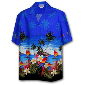 Pacific Legend Modrá havajská košile s motivem palem a papoušků Velikost: L