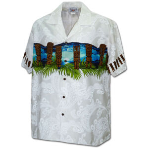 Pacific Legend Bílá havajská košile s motivem soch a moře Velikost: L